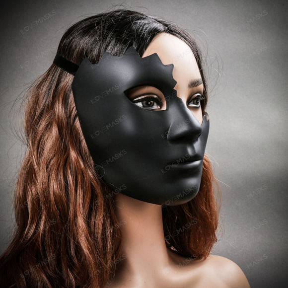 Unpainted Half Face Cracked Phantom Masquerade Mask - Black - Picture 7 of 10